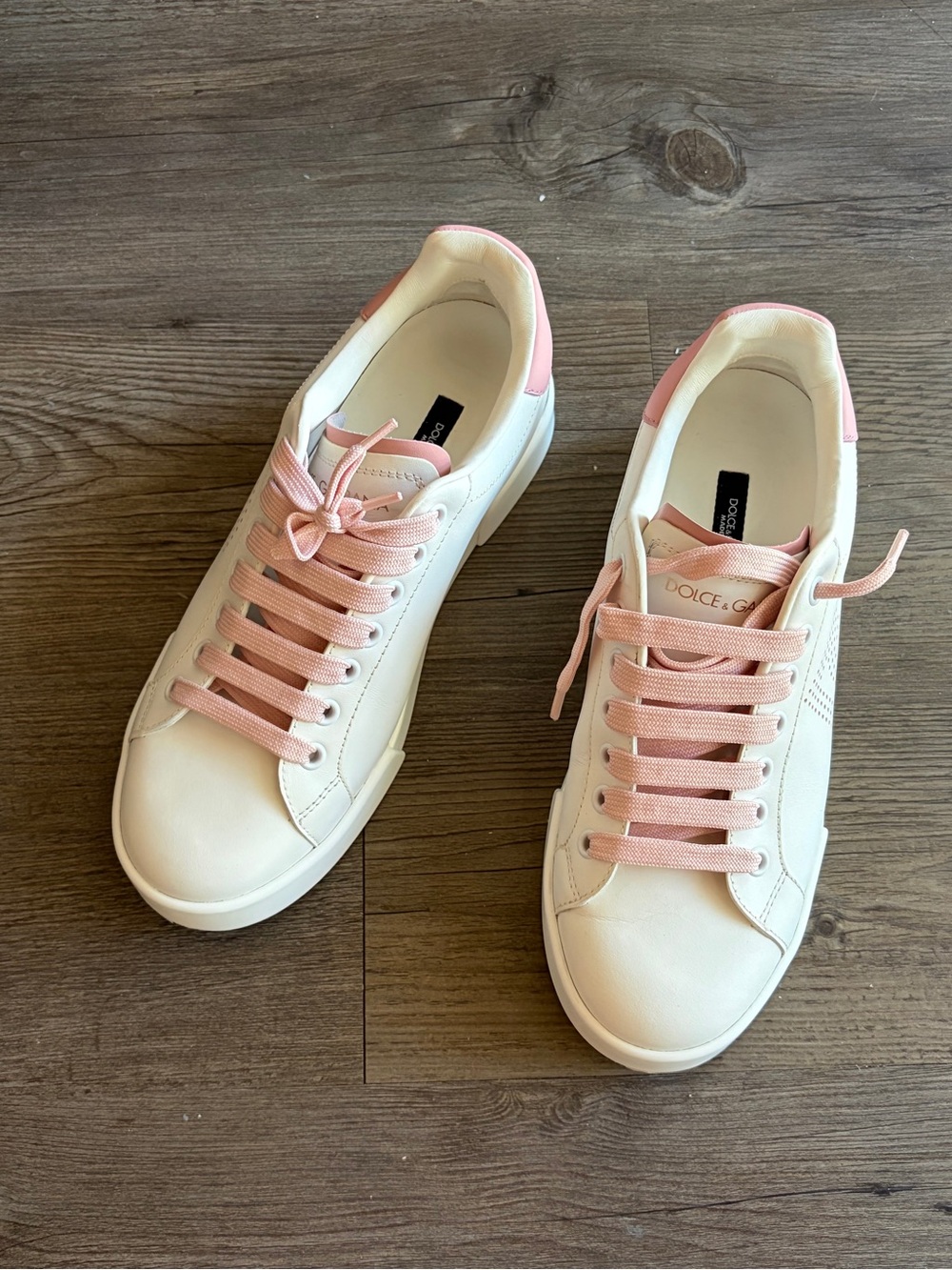 Women Size 6.5 7 Dolce & Gabbana White Portofino Leather Sneakers Pink